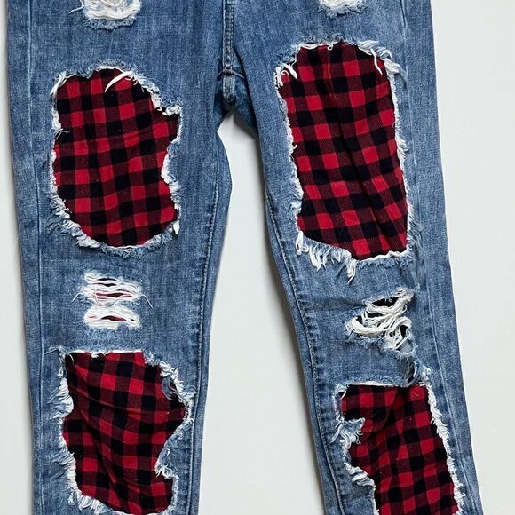 Car Mar Carmar Distressed Patchwork Buffalo Plaid Jeans Womens Sz 24 RARE - Picture 3 of 6